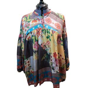 Johnny Was Aura Peasant Colorful Boho Silk Top Sz L